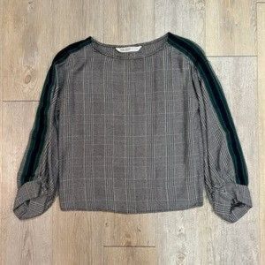 Women's ZARA Black Green Basic Sleeve Stripe Plaid Top Extra Small X-Small XS